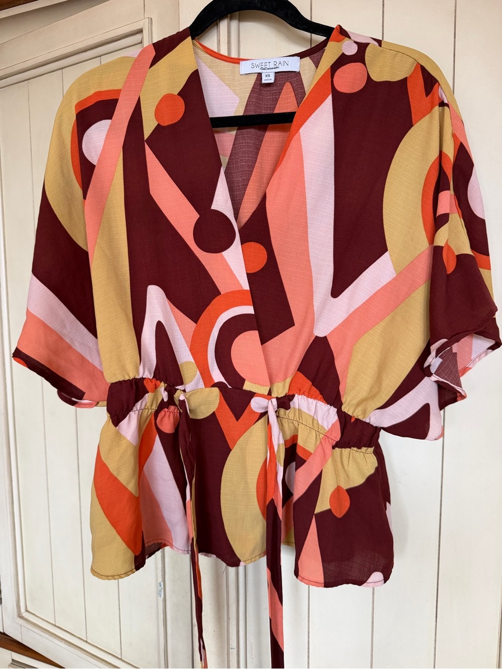 Sweet Rain Burgundy Rust, Gold, Orange Abstract Drawstring Peplum Top